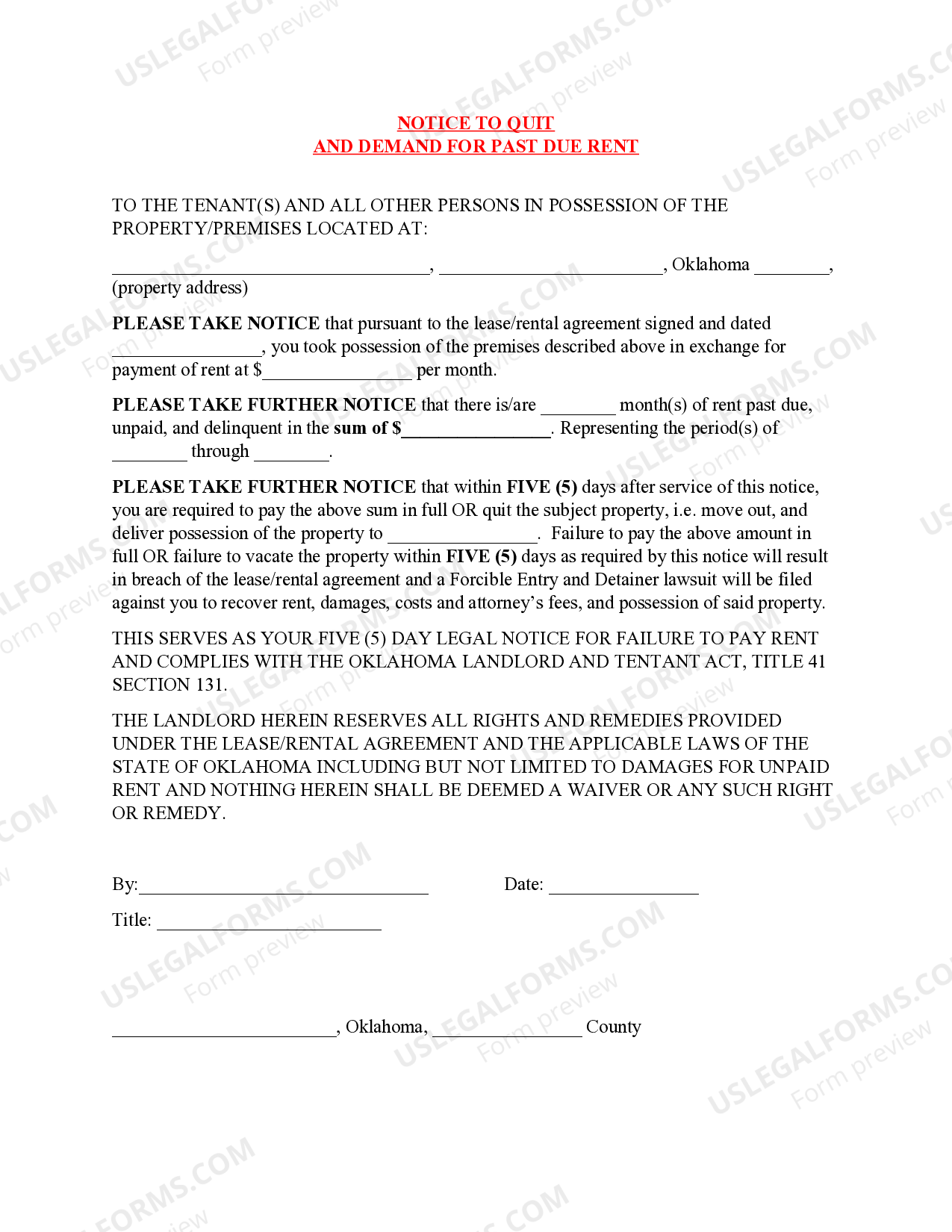 Oklahoma Notice to Quit and Demand for Past Due Rent Notice To Quit