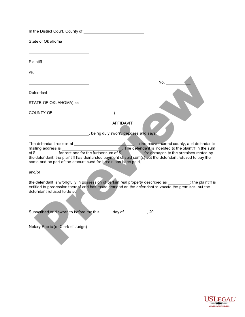 Oklahoma Affidavit of Landlord for Forcible Entry and Detainer ...