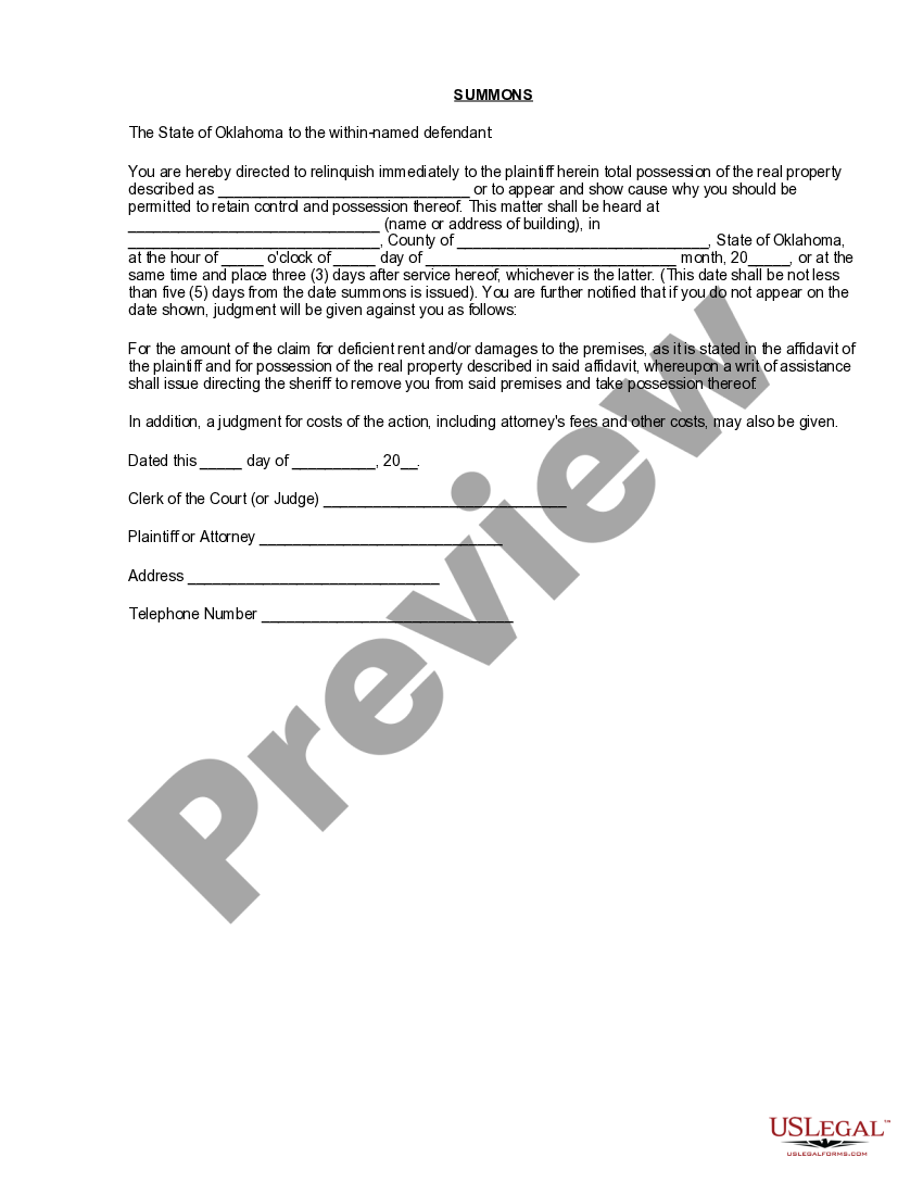 Oklahoma Eviction / Forcible Entry and Detainer Summons Forcible