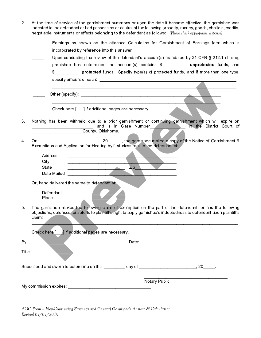 Oklahoma Noncontinuing & General Garnishee's Answer Affidavit ...