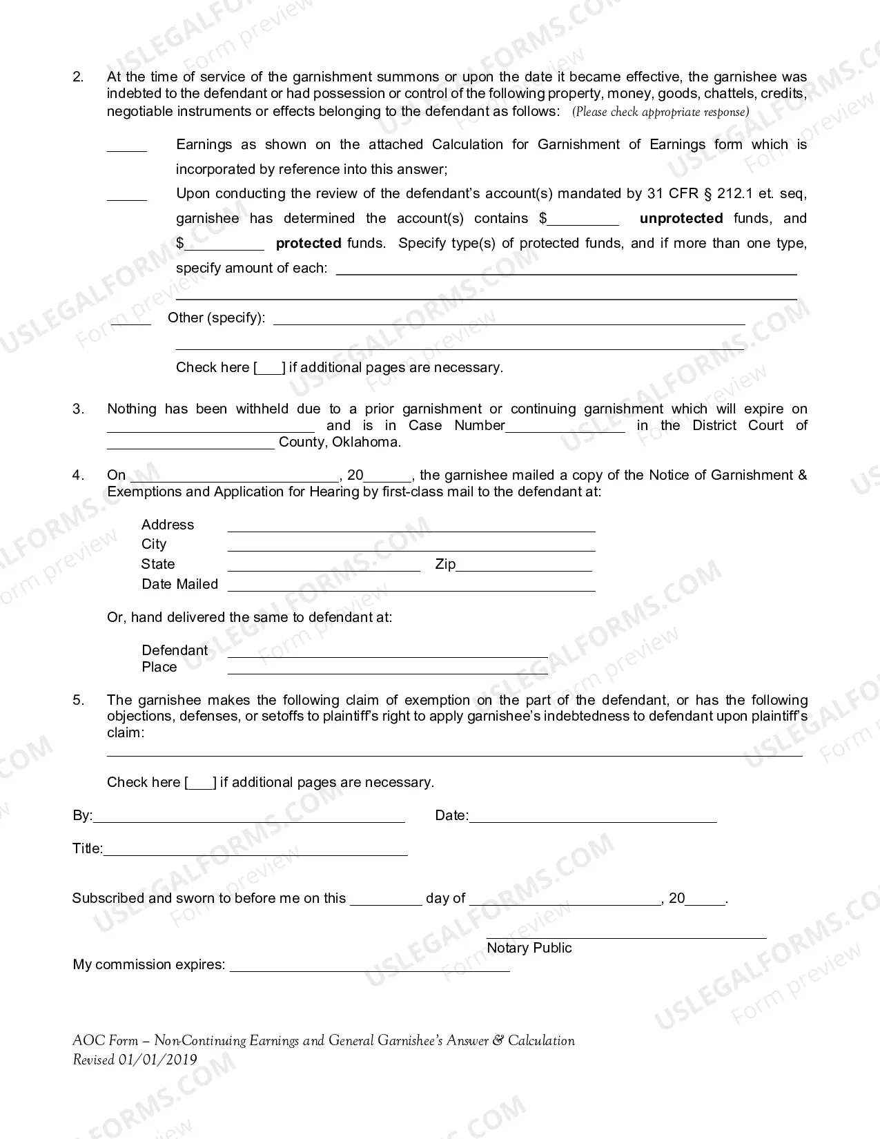 Preview Noncontinuing & General Garnishee's Answer Affidavit