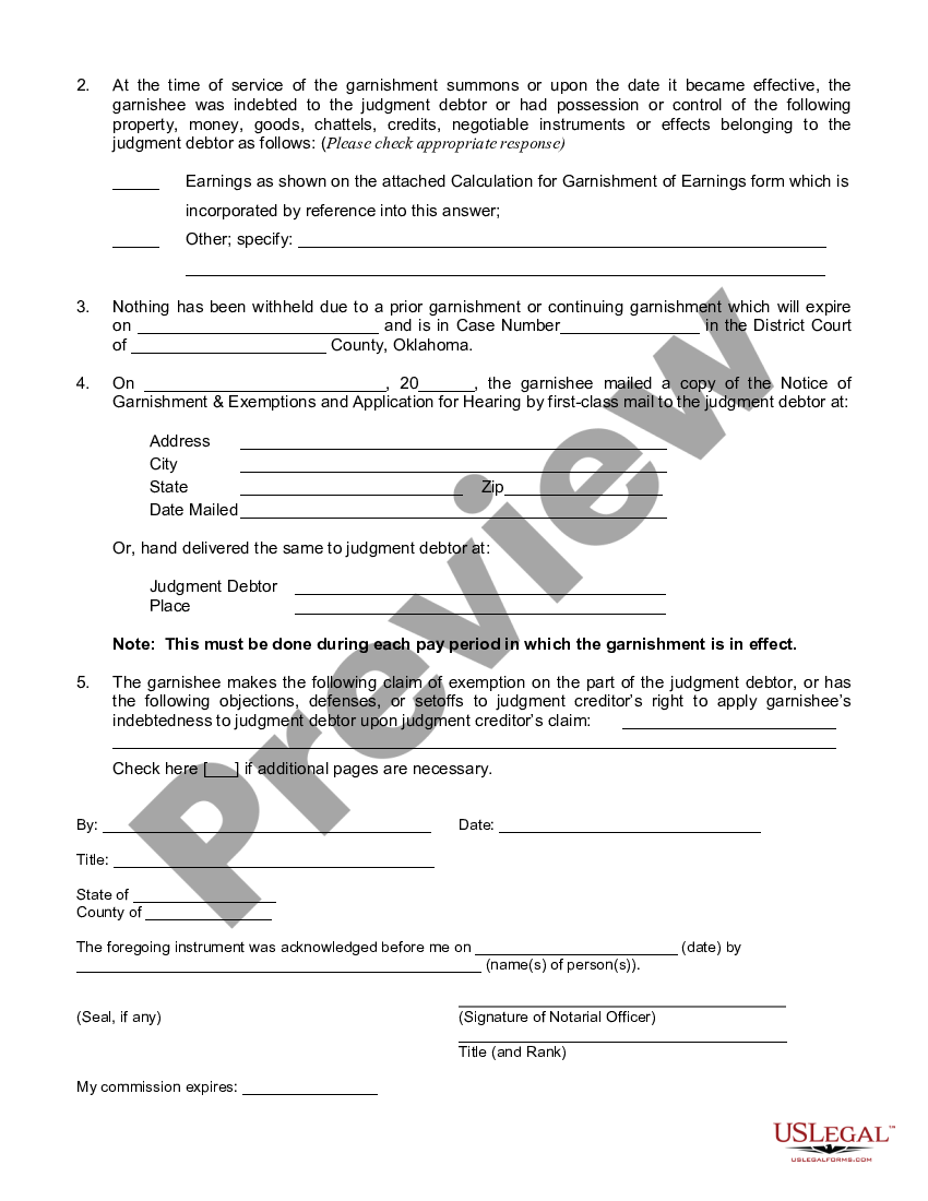 Oklahoma Continuing Garnishees Answer Affidavit How Long Is Oklahoma Wage Garnishment Last 8728