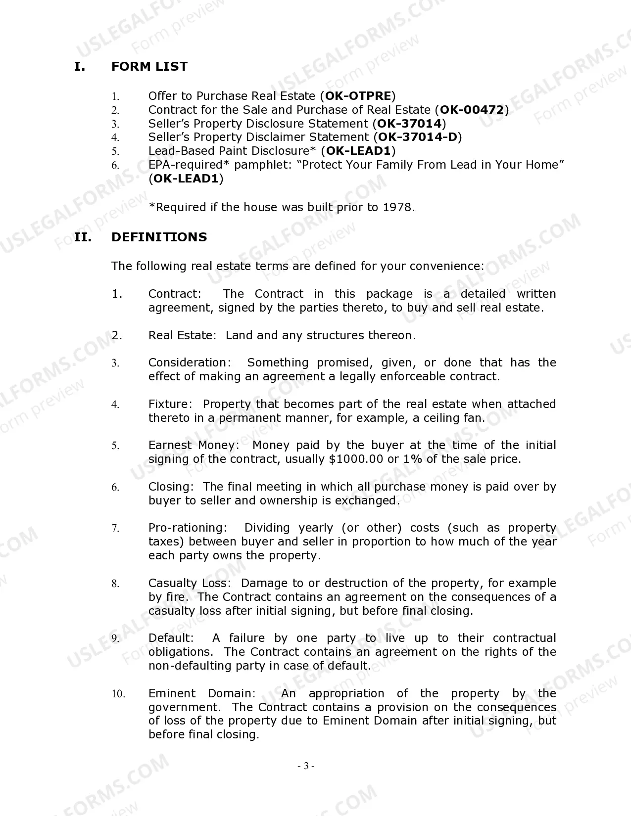Preview Oklahoma Real Estate Home Sales Package with Offer to Purchase, Contract of Sale, Disclosure Statements and more for Residential House