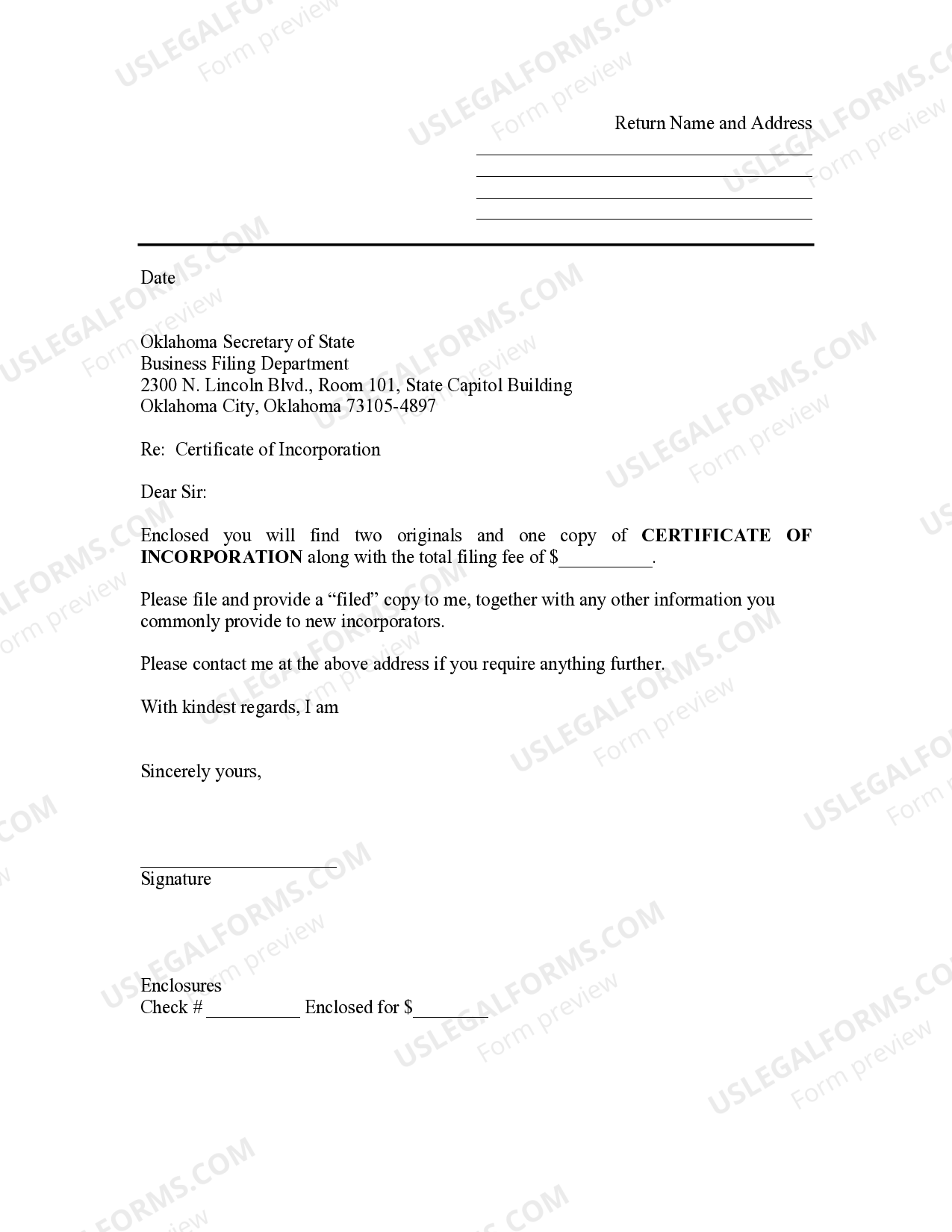 Oklahoma City Sample Transmittal Letter to Secretary of State's Office