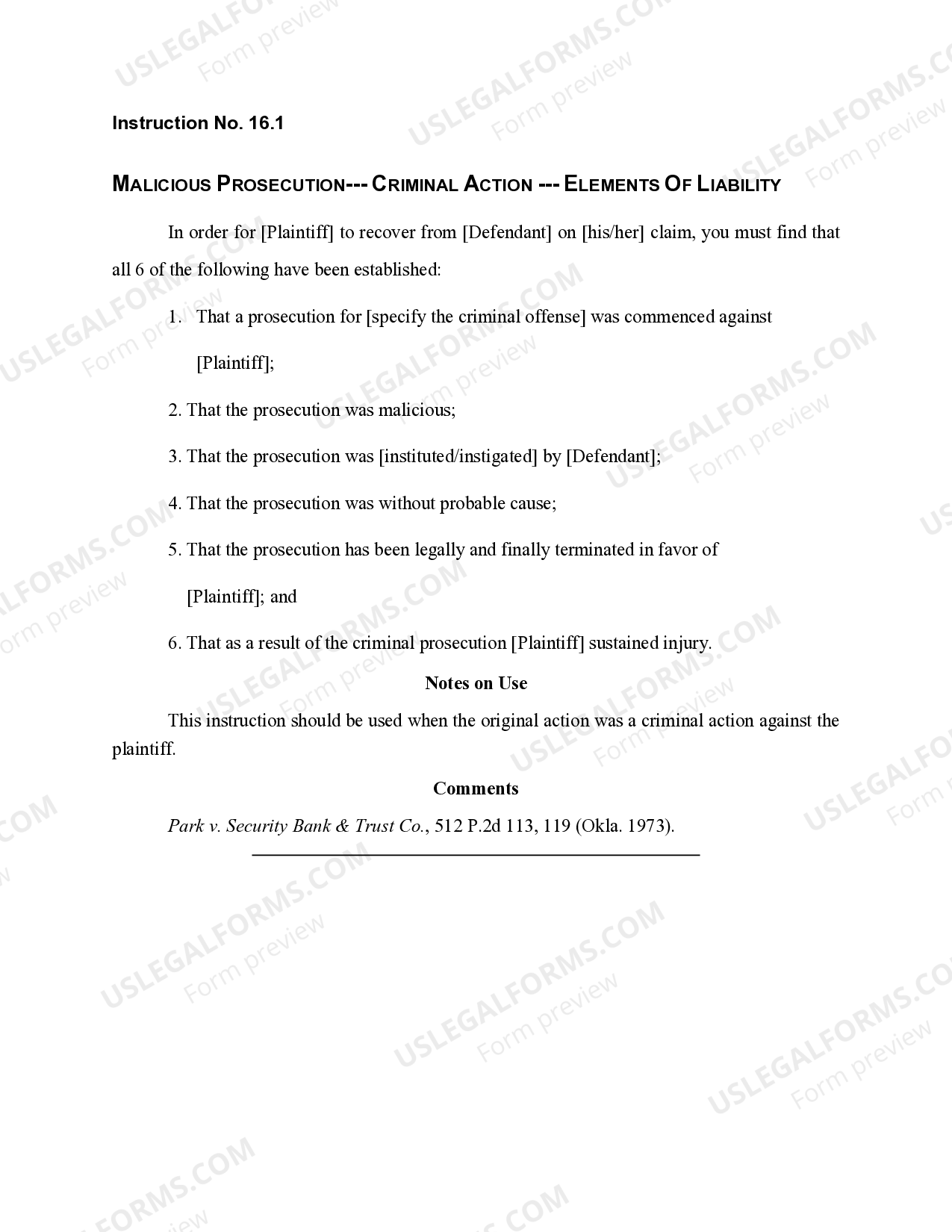Oklahoma MALICIOUS PROSECUTION CRIMINAL ACTION ELEMENTS OF