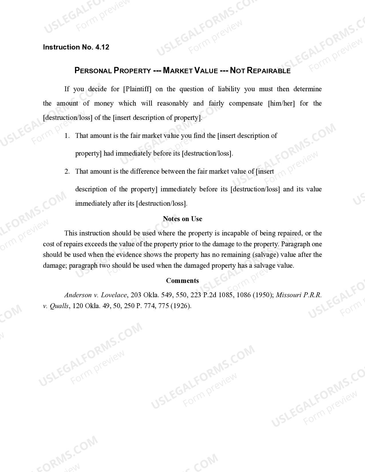 Oklahoma Personal PropertyMarket Value Not Repairable US Legal Forms