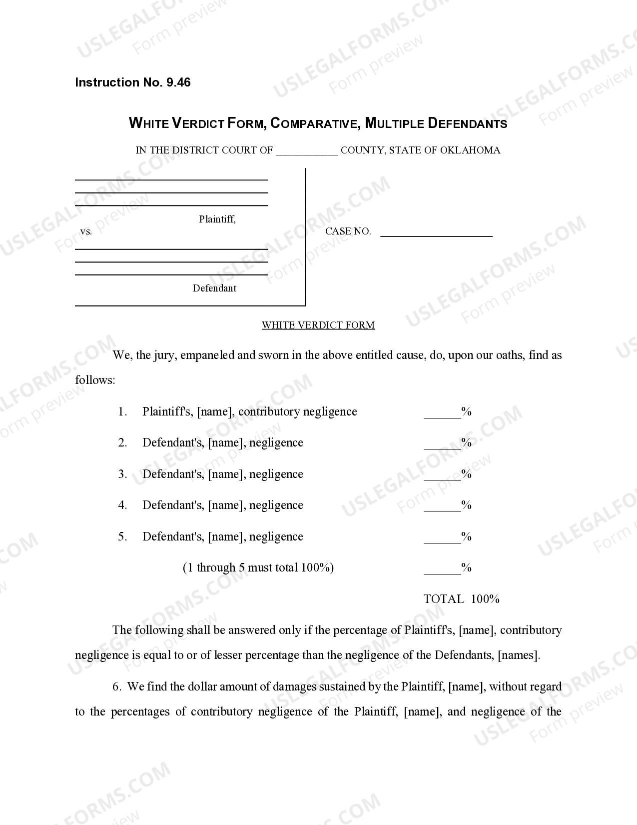 Multiple Defendants Oklahoma WHITE VERDICT FORM, COMPARATIVE, MULTIPLE DEFENDANTS | US ...