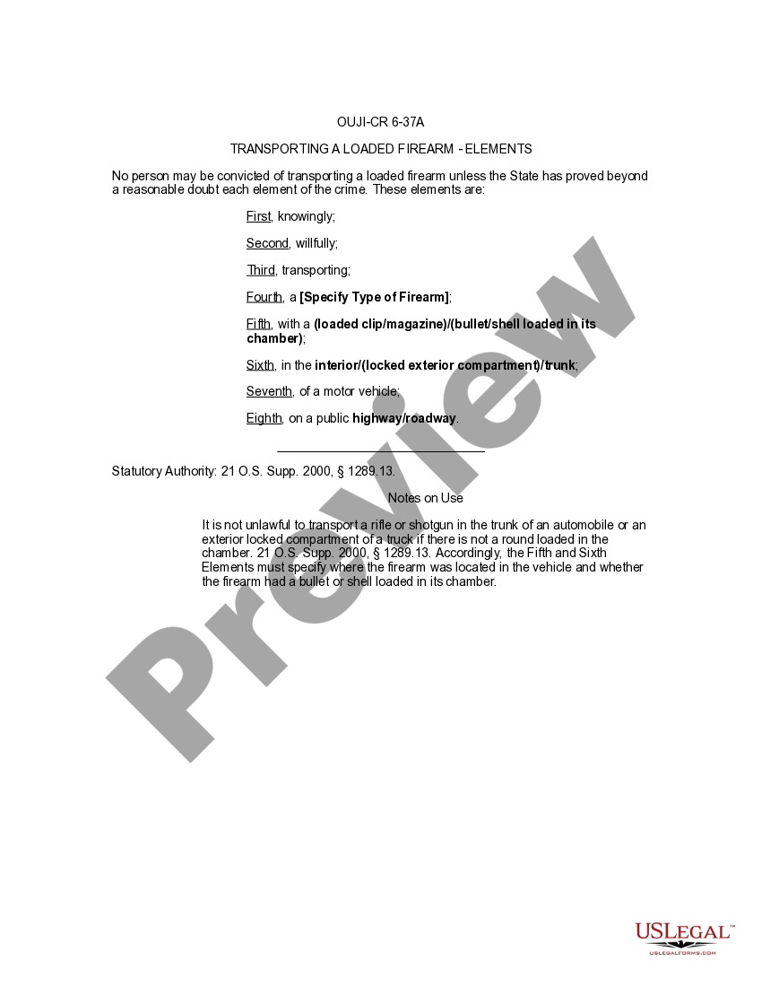 Oklahoma Transporting a Loaded Firearm US Legal Forms