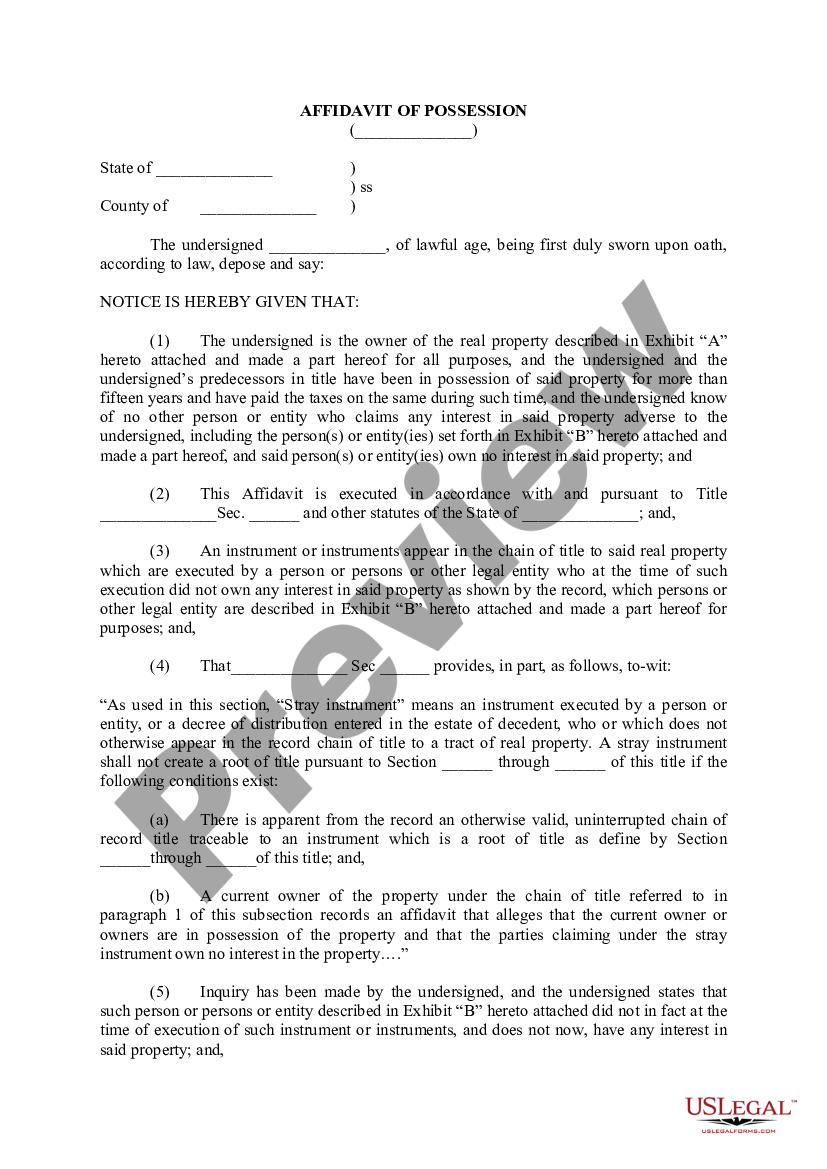 Oklahoma Affidavit Of Possession Affidavit Of Possession Us Legal Forms 9663