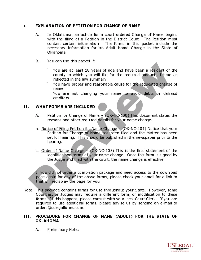 Preview Oklahoma Name Change Instructions and Forms Package for an Adult
