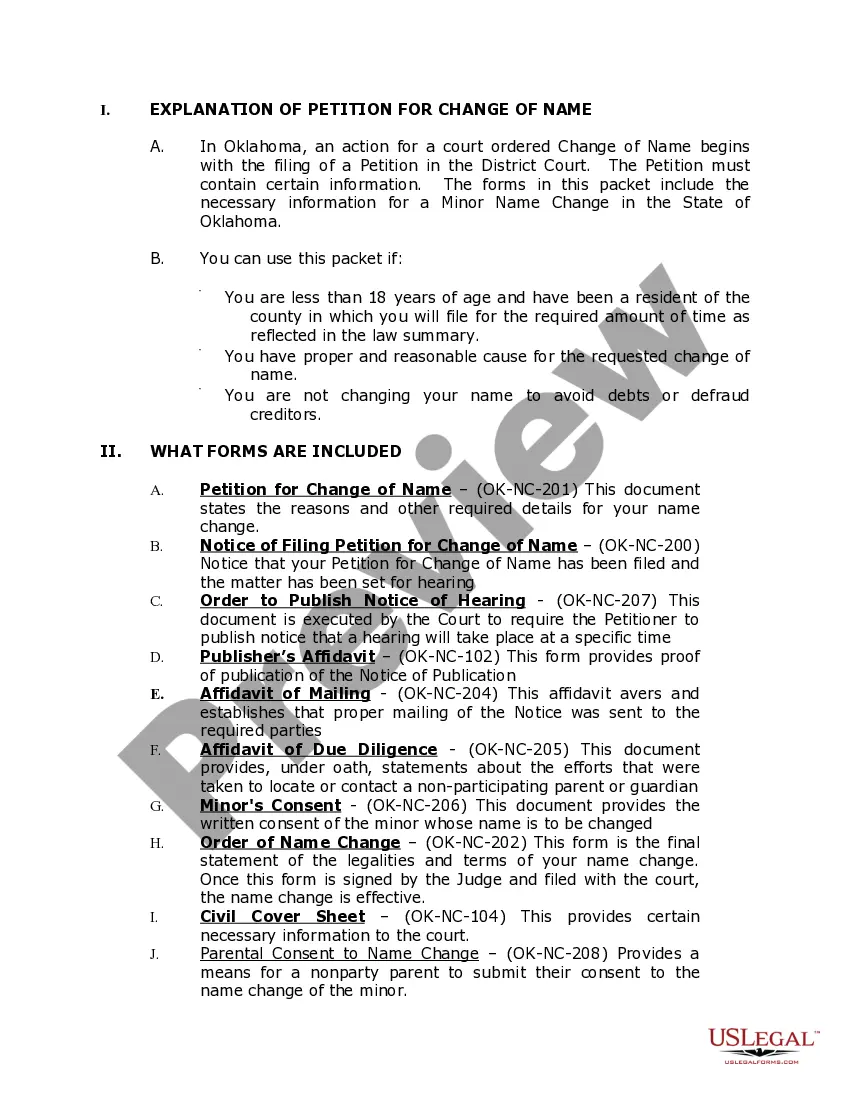 Preview Oklahoma Name Change Instructions and Forms Package for a Minor