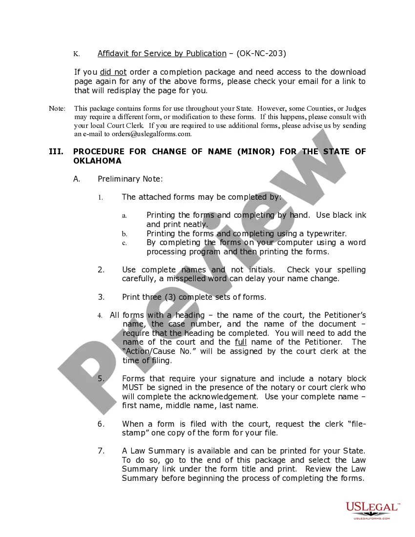 Preview Oklahoma Name Change Instructions and Forms Package for a Minor