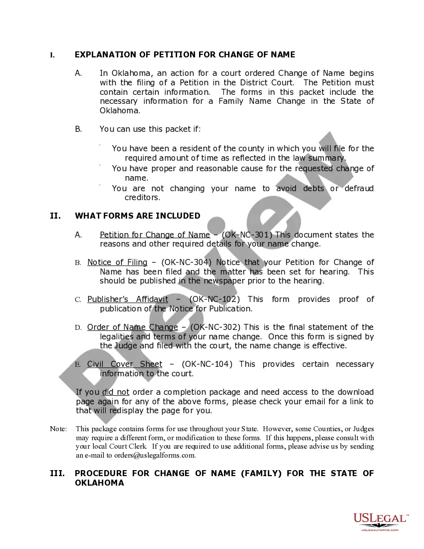 Preview Oklahoma Name Change Instructions and Forms Package for a Family