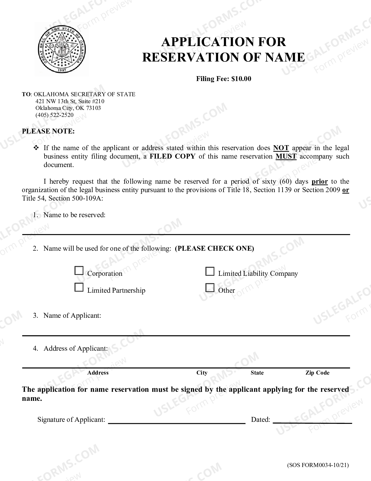 Oklahoma City Application of Name Reservation Oklahoma US Legal Forms