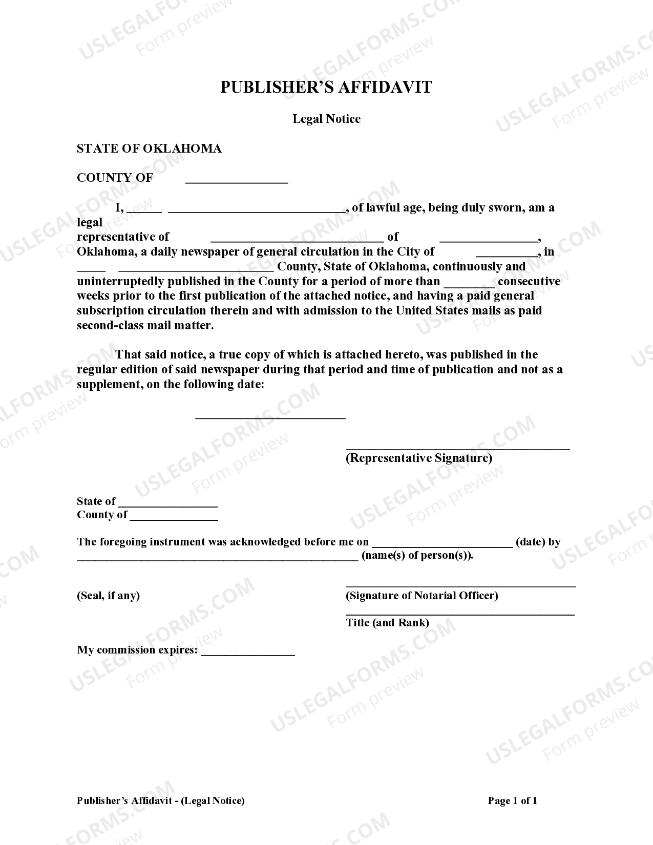 Oklahoma Publisher's Affidavit for Adult, Minor, Family Name Change