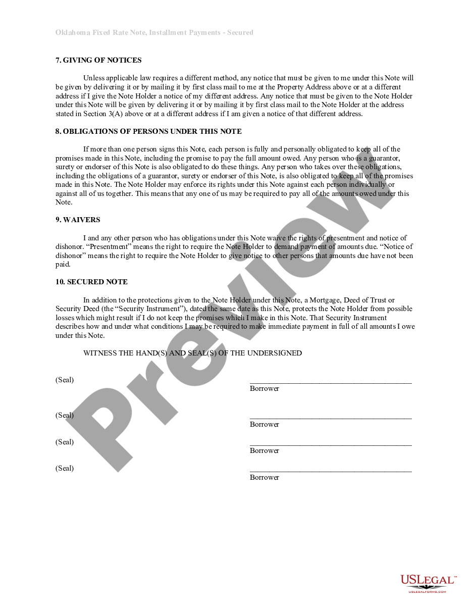 page 2 Oklahoma Installments Fixed Rate Promissory Note Secured by Residential Real Estate preview
