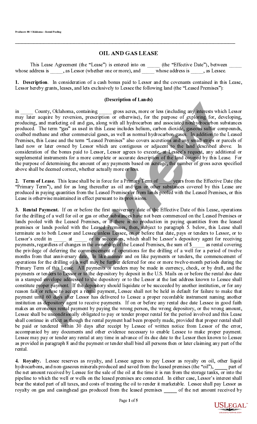 Oklahoma Producers 88 Rental Lease Pooling Provision US Legal Forms