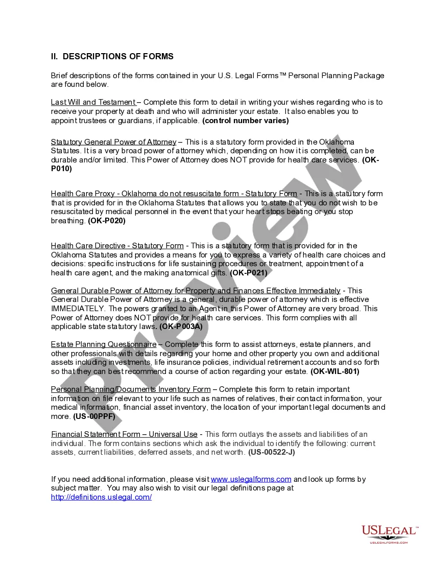 Preview Oklahoma Life Documents Planning Package, including Will, Power of Attorney and Living Will