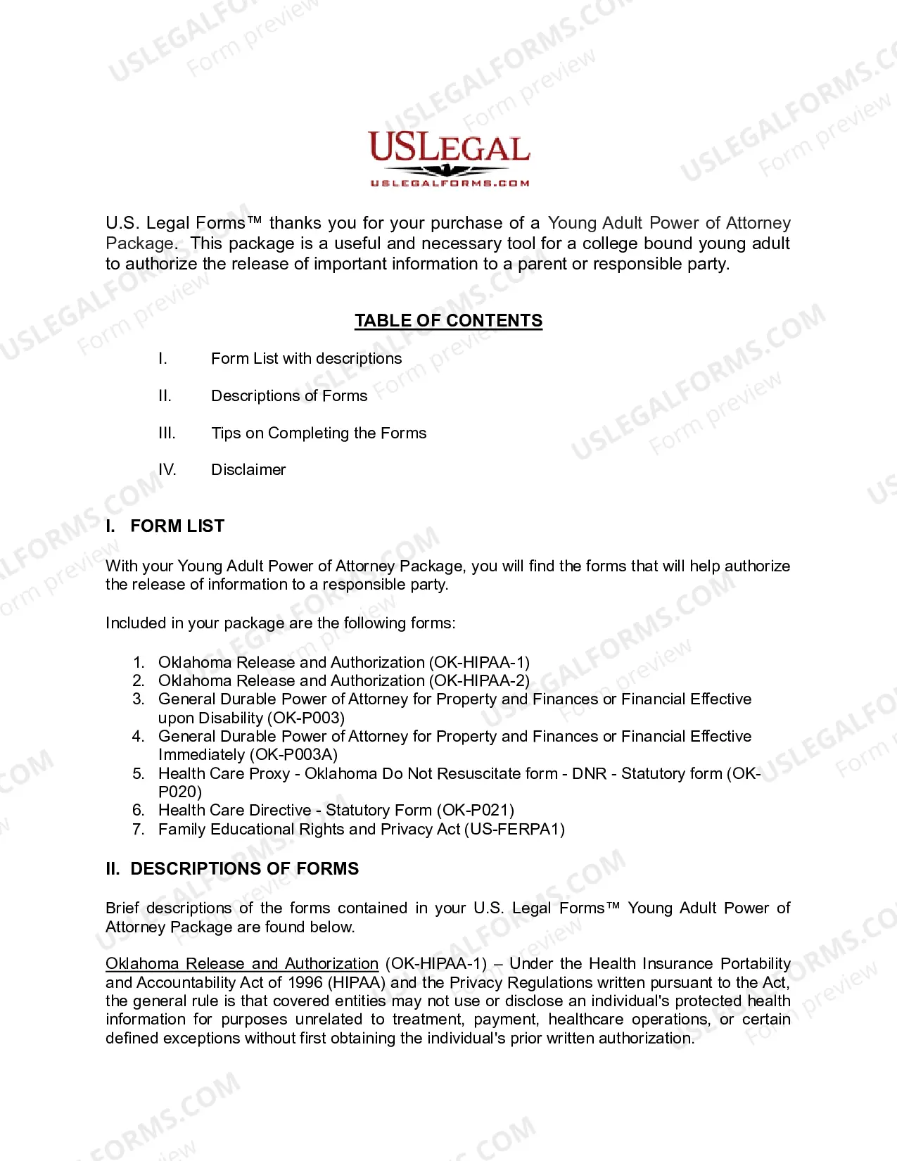 Preview Oklahoma Young Adult Power of Attorney Package
