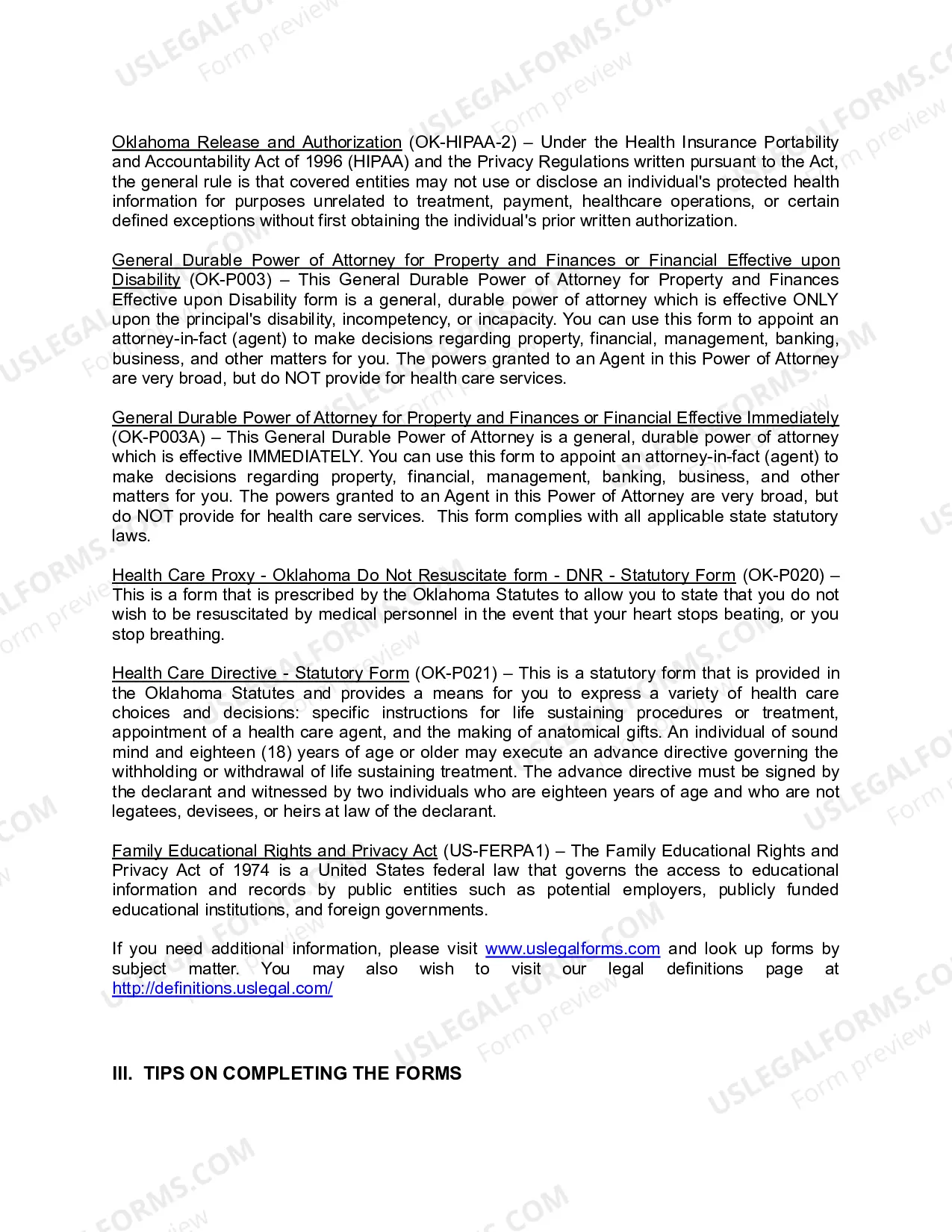 Preview Oklahoma Young Adult Power of Attorney Package