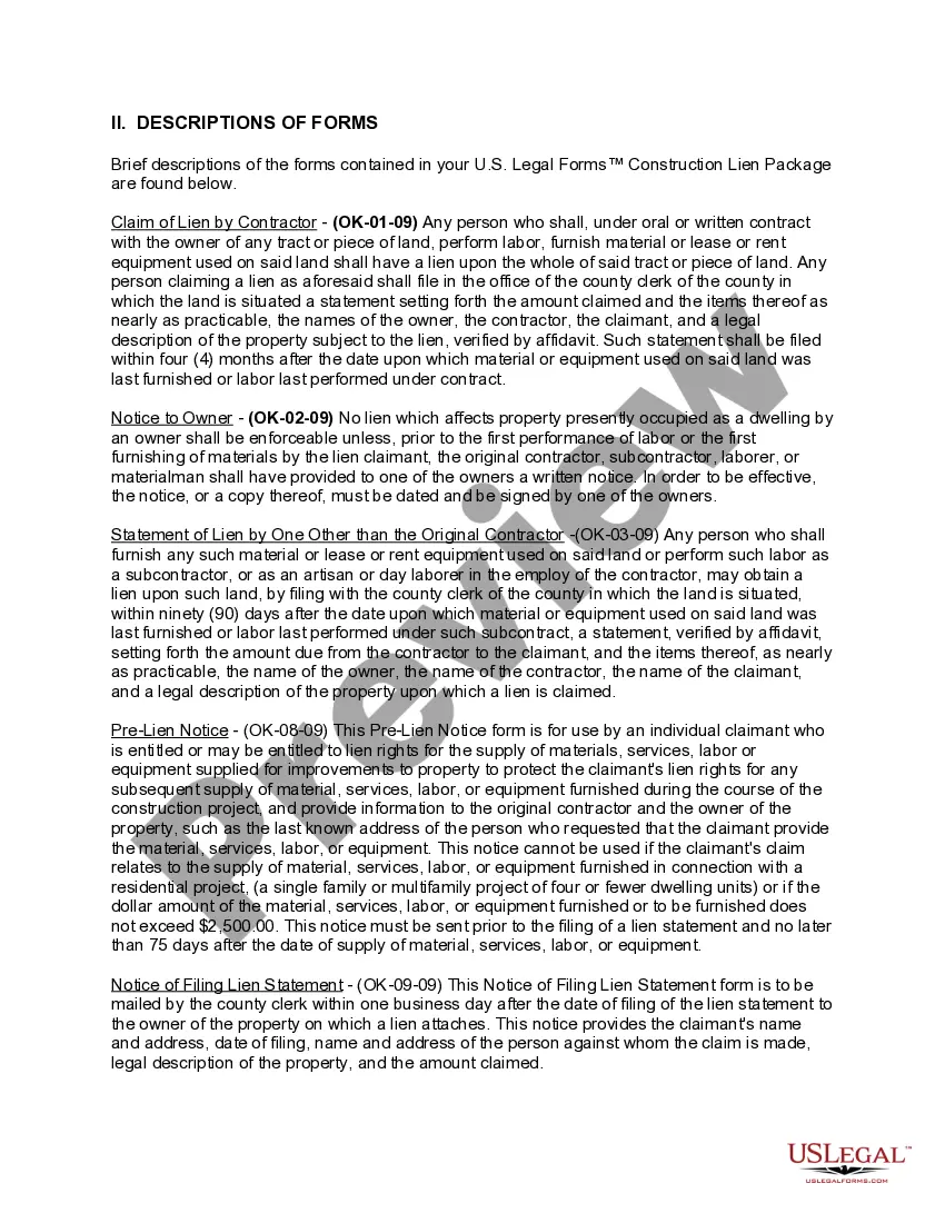 Preview Oklahoma Construction or Mechanics Lien Package - Individual