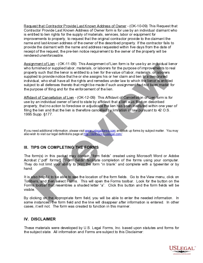 Preview Oklahoma Construction or Mechanics Lien Package - Individual