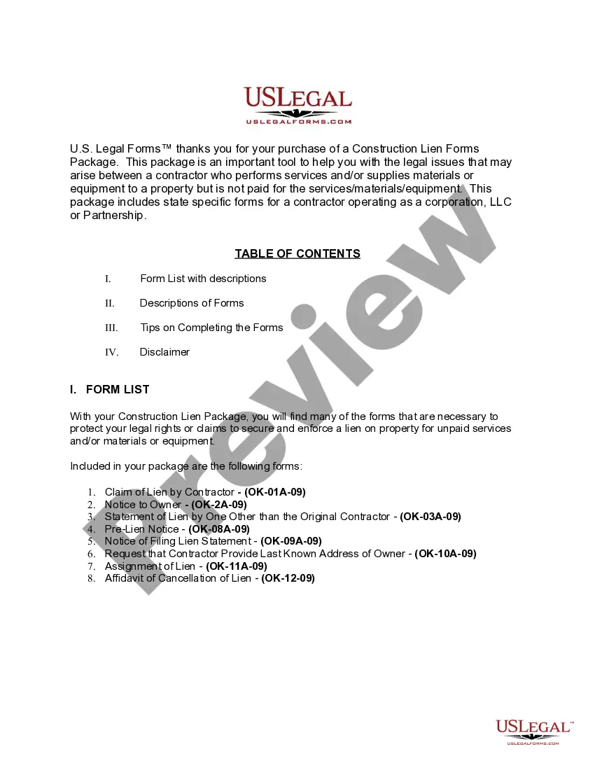 Preview Oklahoma Construction or Mechanics Lien Package - Corporation