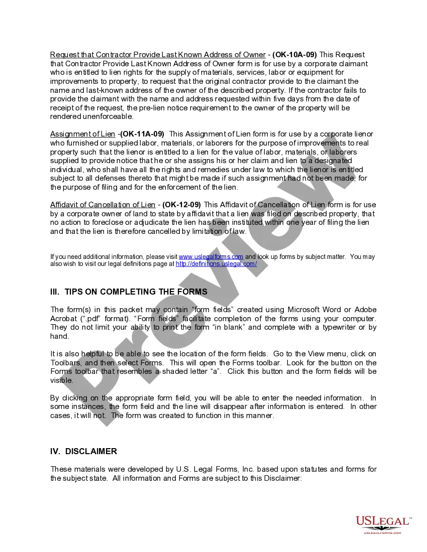 Preview Oklahoma Construction or Mechanics Lien Package - Corporation