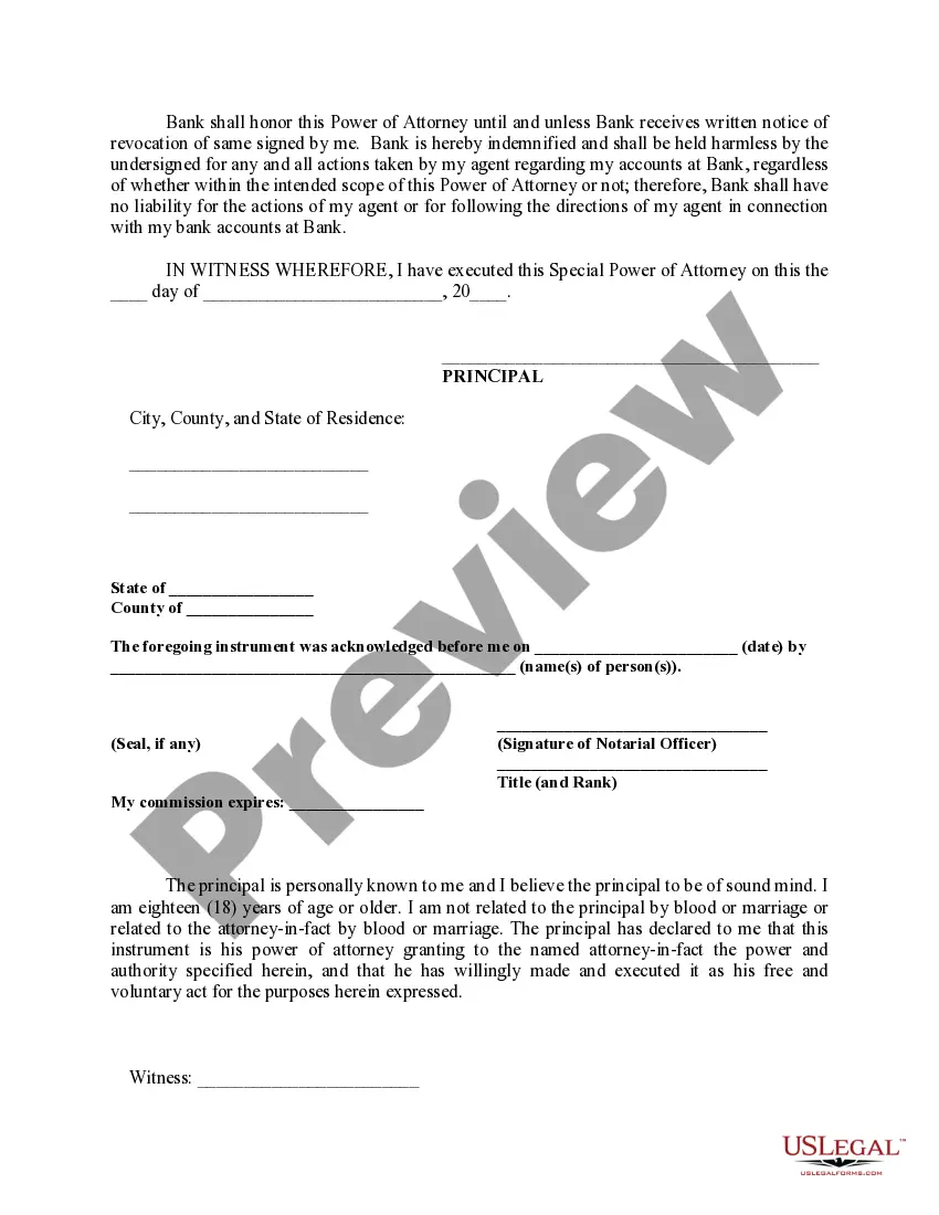 Get Special Durable Power of Attorney for Bank Account Matters Preview Special Durable Power of Attorney for Bank Account Matters