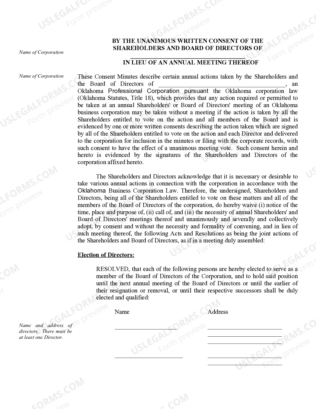 Preview Annual Minutes for an Oklahoma Professional Corporation