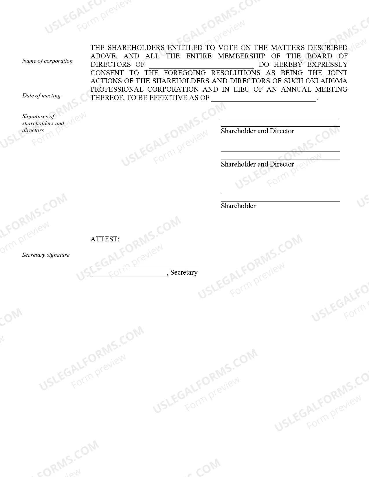 Preview Annual Minutes for an Oklahoma Professional Corporation