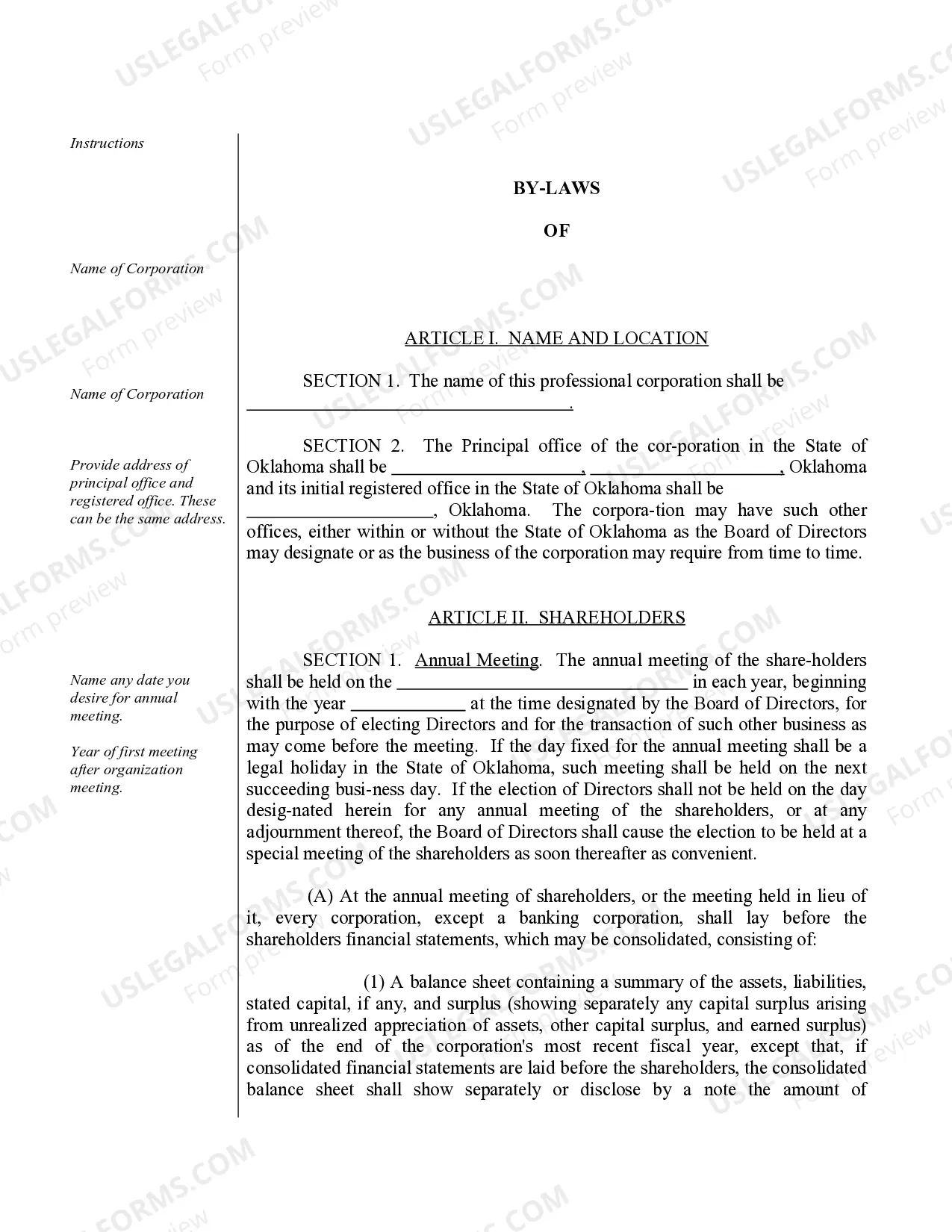 Preview Sample Bylaws for an Oklahoma Professional Corporation