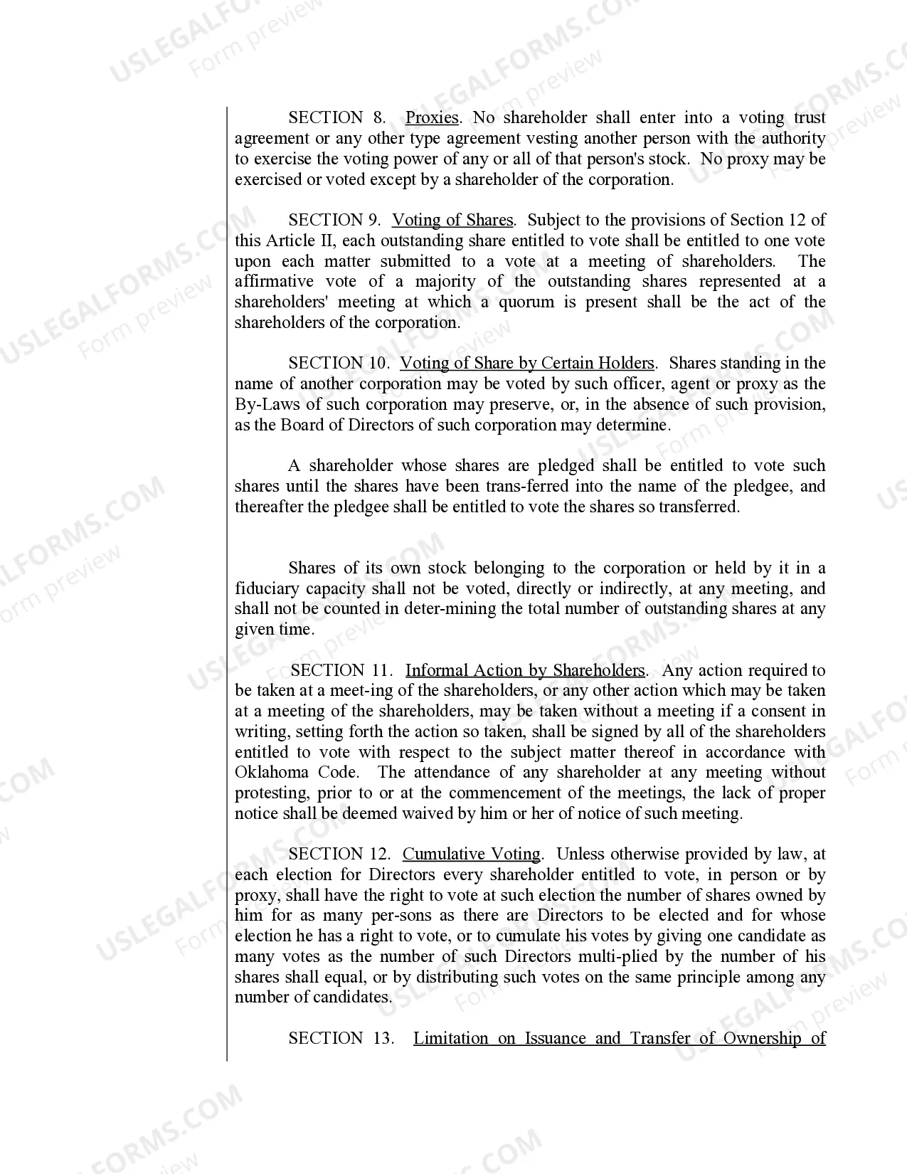 Preview Sample Bylaws for an Oklahoma Professional Corporation