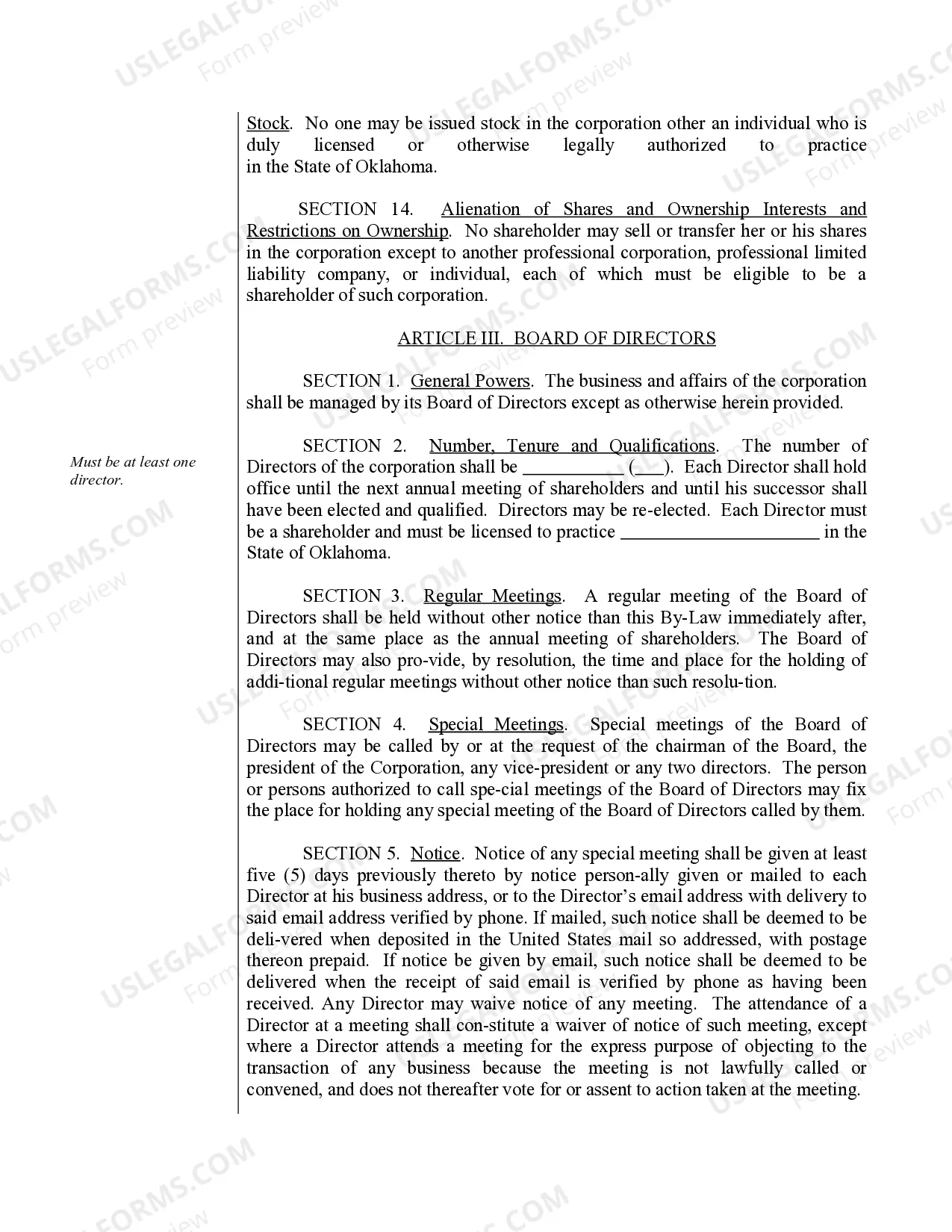 Preview Sample Bylaws for an Oklahoma Professional Corporation