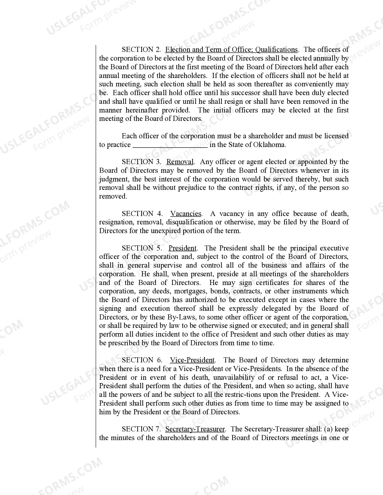 Preview Sample Bylaws for an Oklahoma Professional Corporation