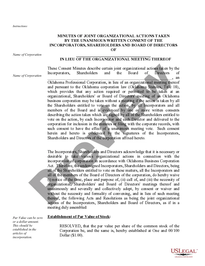 Preview Organizational Minutes for an Oklahoma Professional Corporation