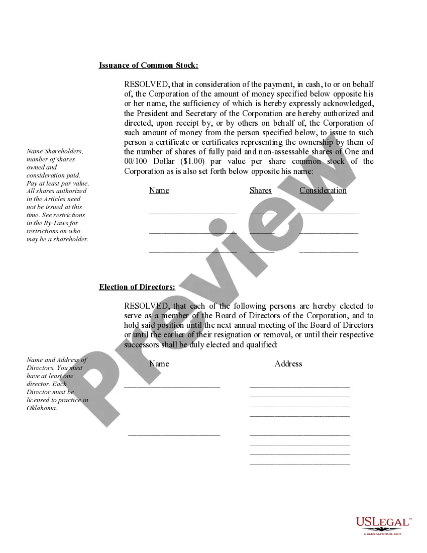 Preview Organizational Minutes for an Oklahoma Professional Corporation