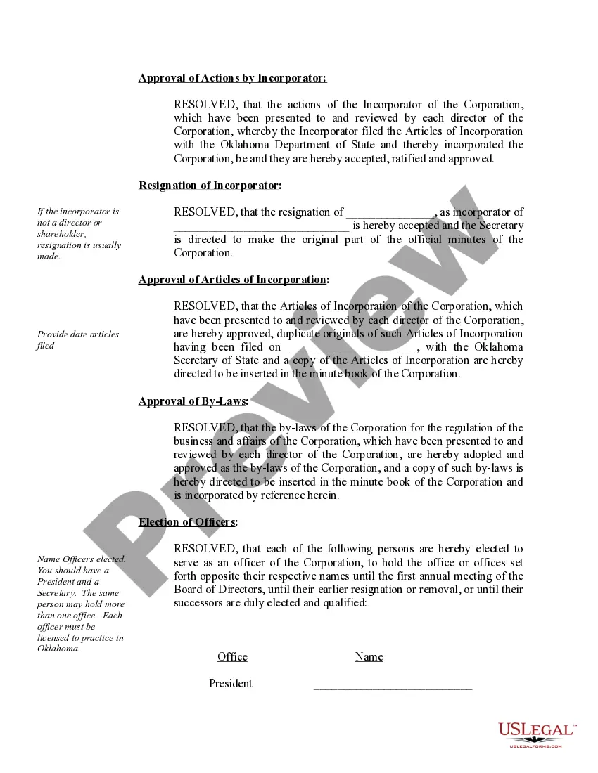 Preview Organizational Minutes for an Oklahoma Professional Corporation