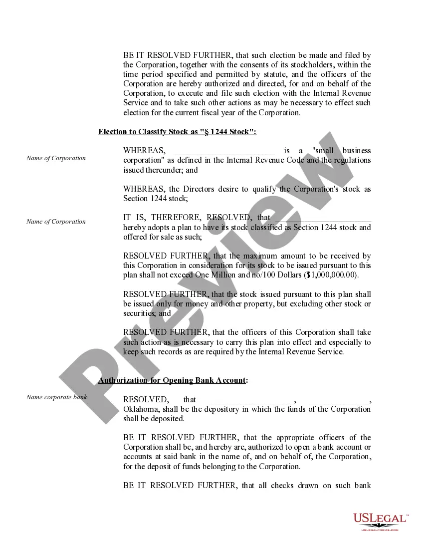 Preview Organizational Minutes for an Oklahoma Professional Corporation