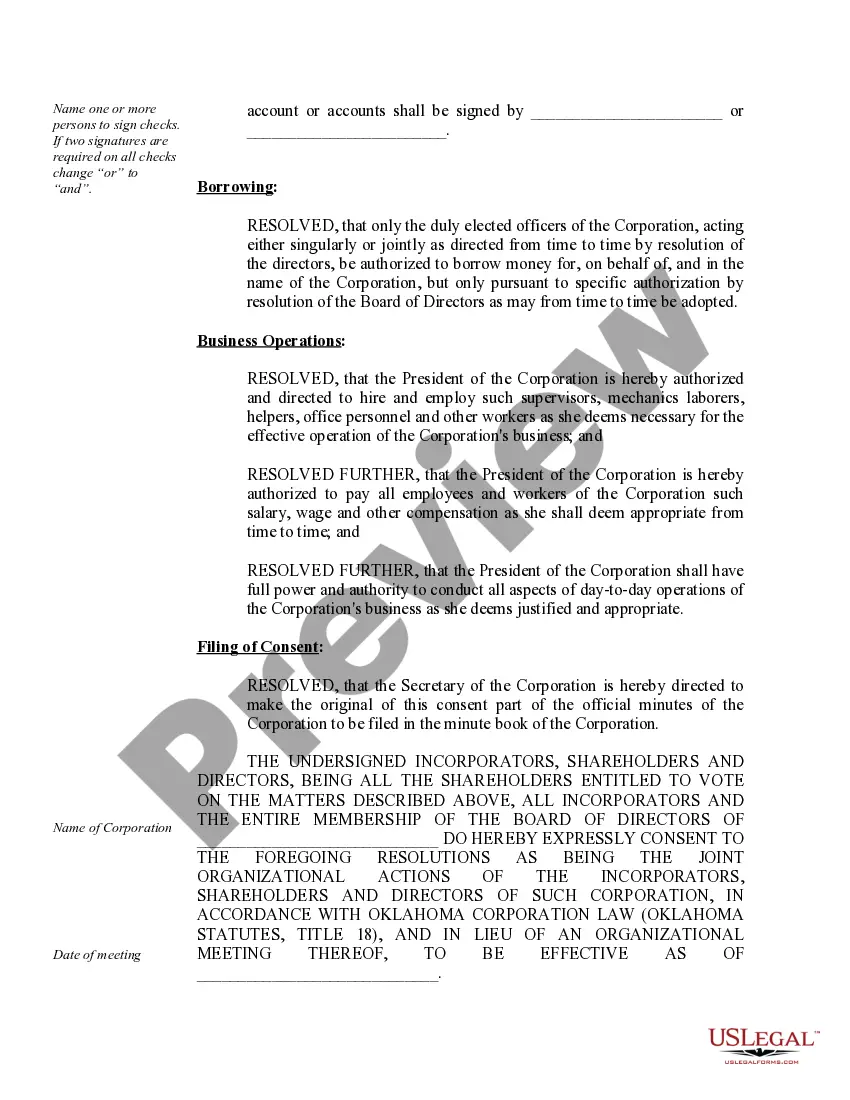 Preview Organizational Minutes for an Oklahoma Professional Corporation
