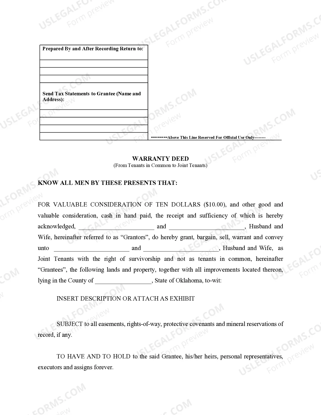 Preview Warranty Deed for Husband and Wife Converting Property from Tenants in Common to Joint Tenancy