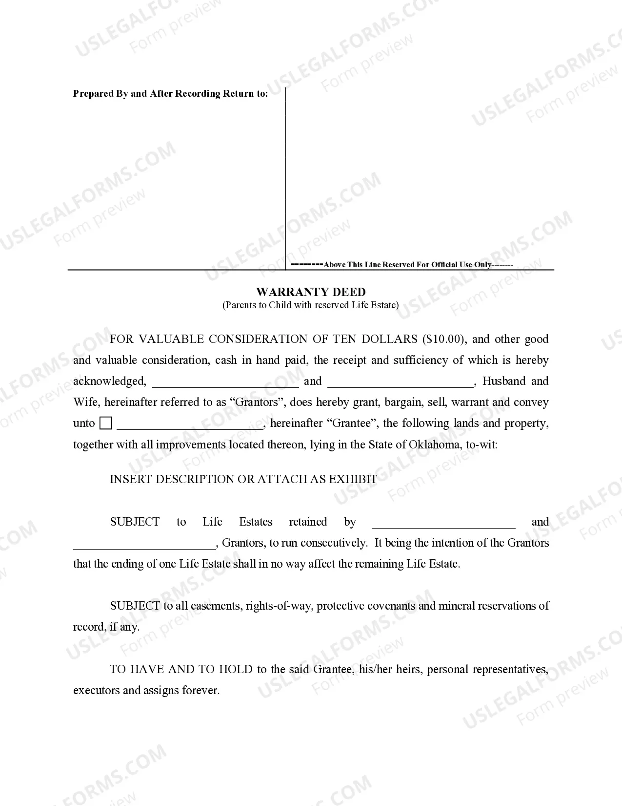 Preview Warranty Deed for Parents to Child with Reservation of Life Estate