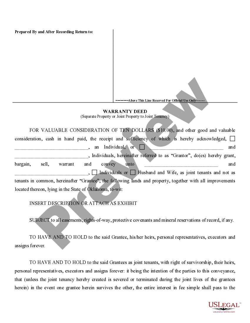 Oklahoma Warranty Deed for Separate or Joint Property to Joint Tenancy