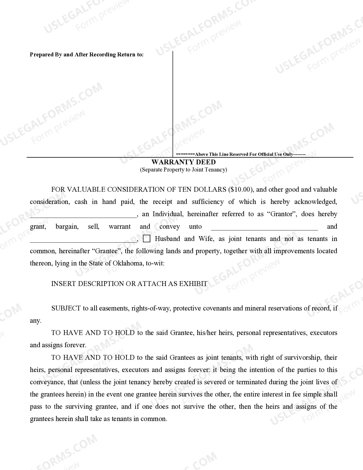 Preview Warranty Deed to Separate Property of One Spouse to Both Spouses as Joint Tenants