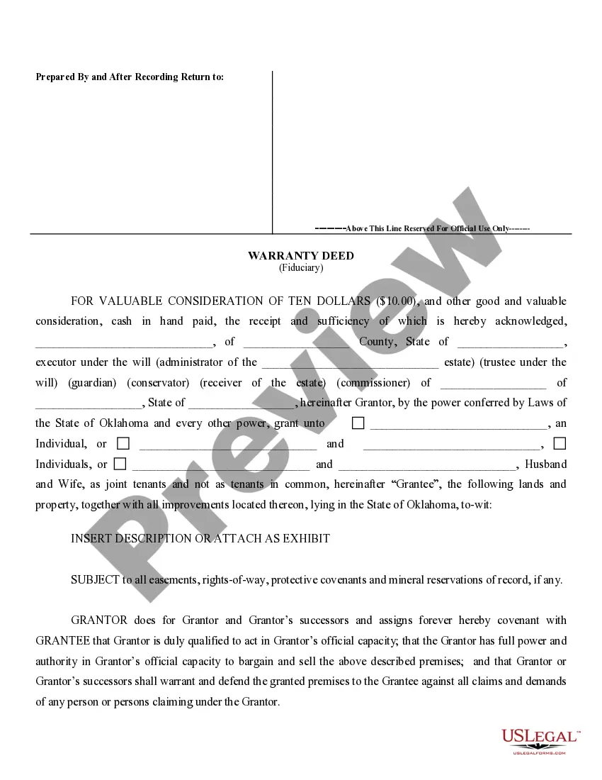 Preview Fiduciary Deed for use by Executors, Trustees, Trustors, Administrators and other Fiduciaries