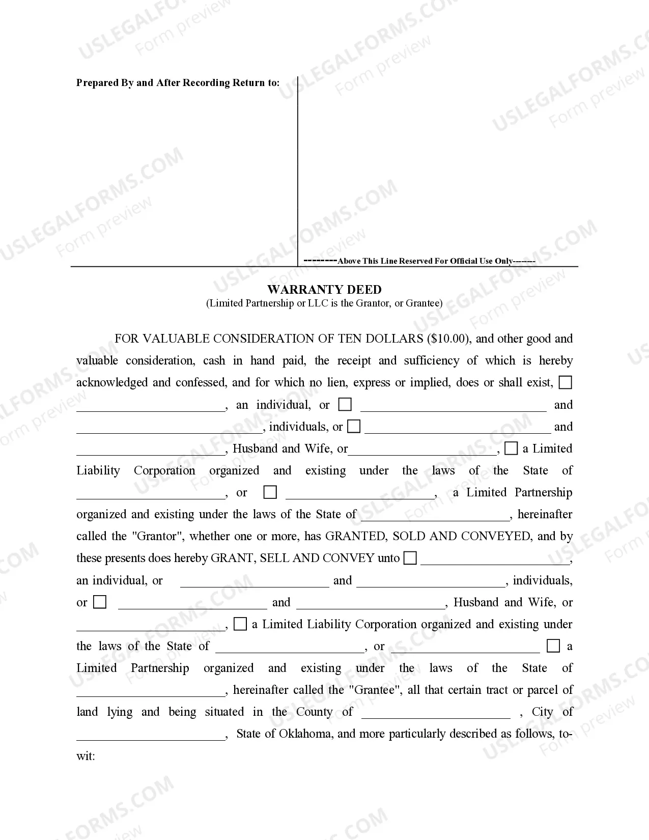 Preview Warranty Deed from Limited Partnership or LLC is the Grantor, or Grantee