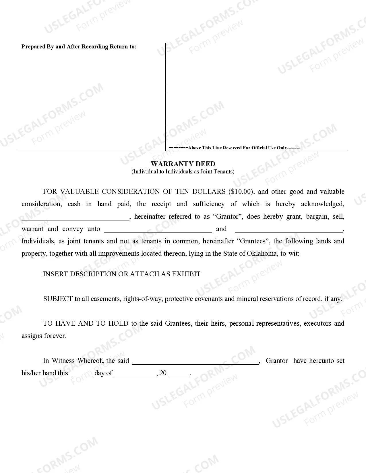 Preview Warranty Deed from Individual to Individuals as Joint Tenants