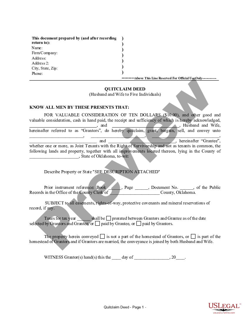 Oklahoma Quitclaim Deed From Husband And Wife To Five Individuals As Joint Tenants With Right Of 4333