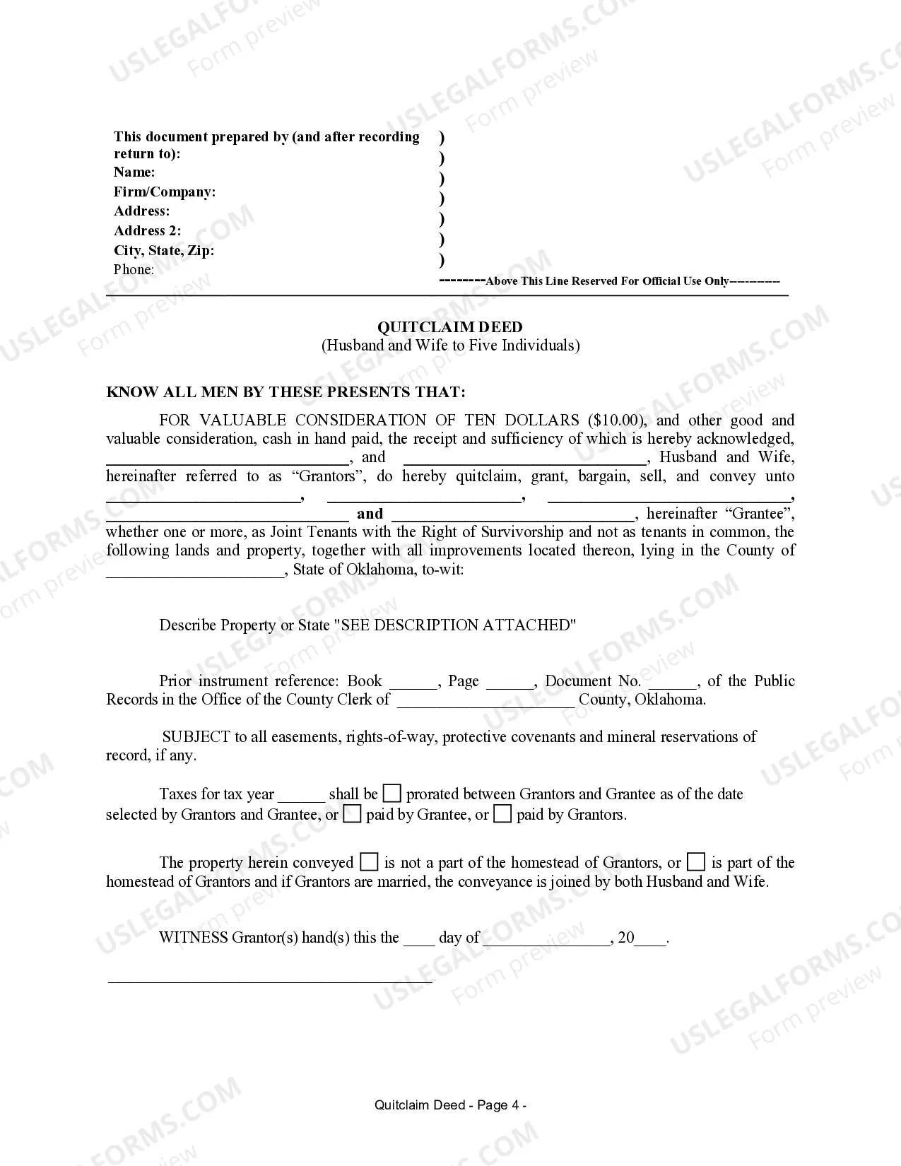 Preview Quitclaim Deed from Husband and Wife to Five Individuals as Joint Tenants with Right of Survivorship
