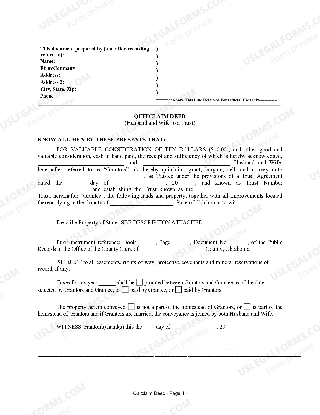Preview Quitclaim Deed from Husband and Wife to Trust
